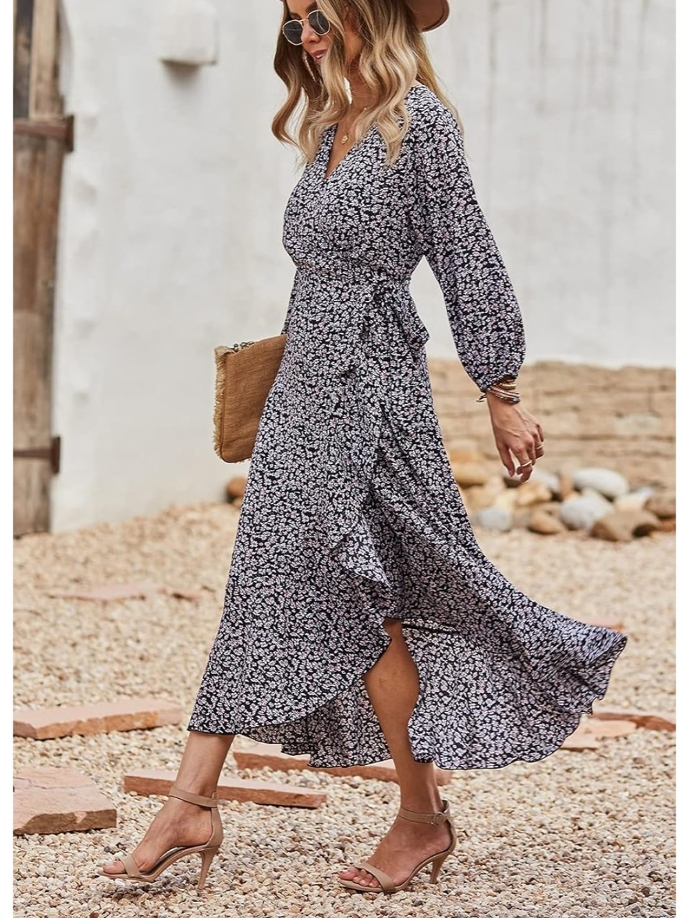 Black Floral Wrap Maxi Dress with Tie Waist